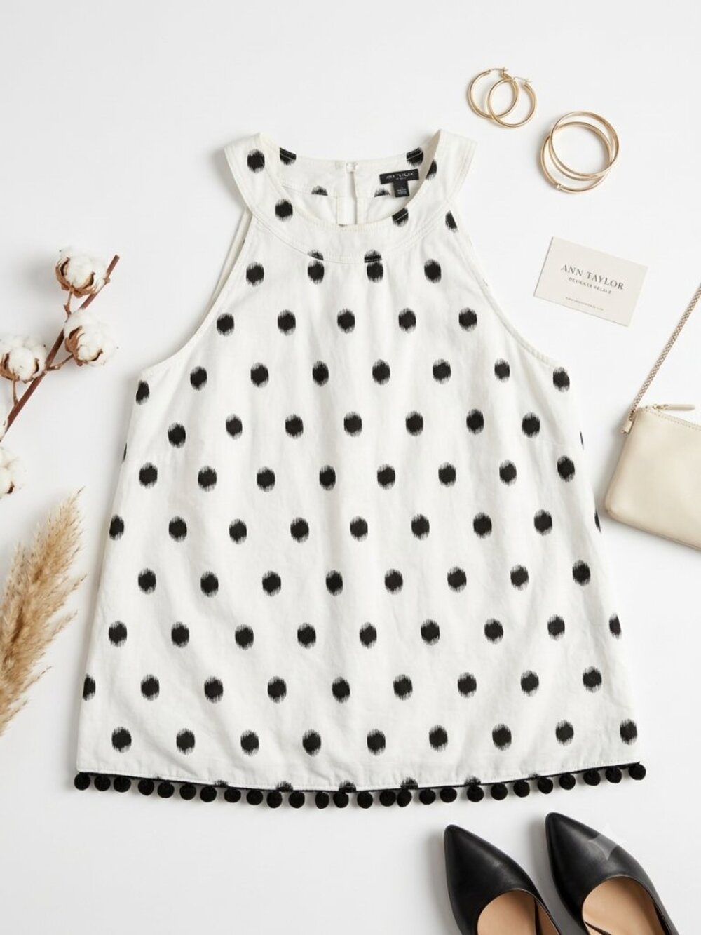 Ann Taylor Polka Dot Ikat Halter Sleeveless Tank Top Pom Pom Hem Size L